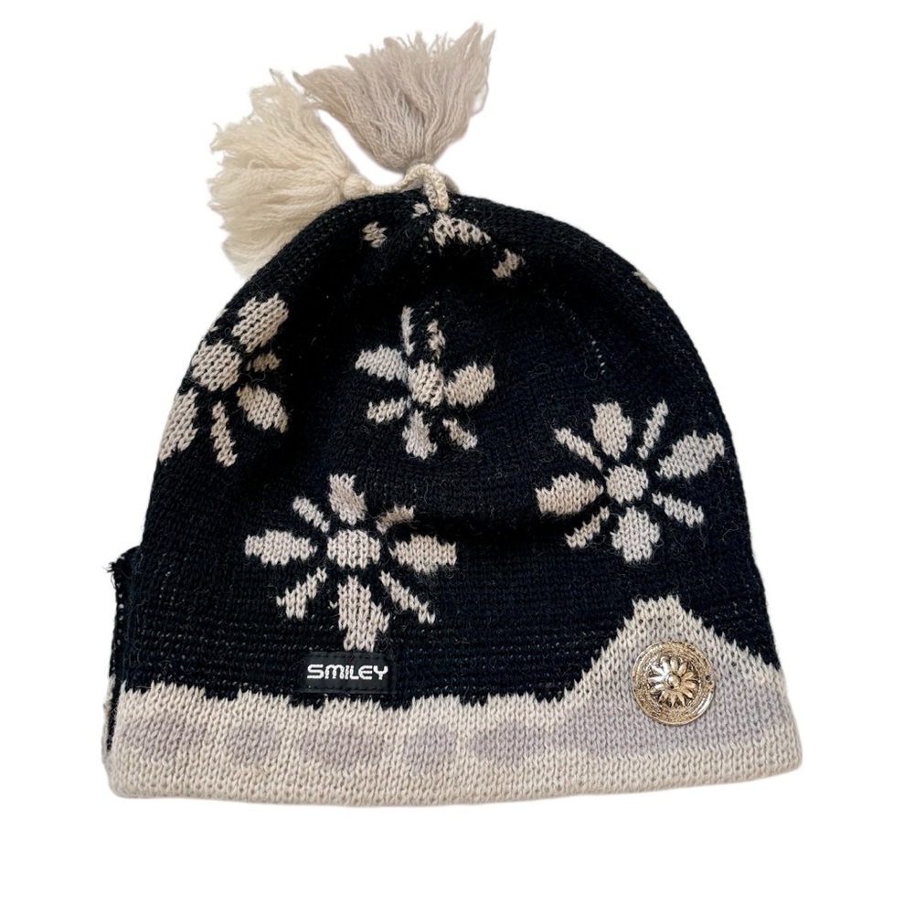 Smiley Wool Beanie Hat Black Nordic Snowflake Pom Pom VTG Ski Snowboard Winter